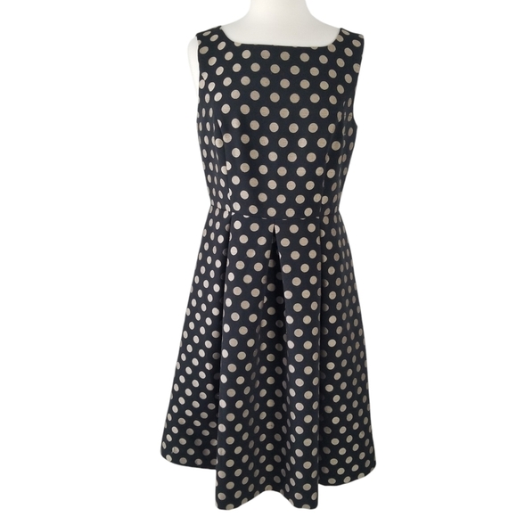 Talbots Black Fit and Flare Pleated Hem Dress Gold Polka Dots with Pockets Sz 10 - Picture 1 of 12